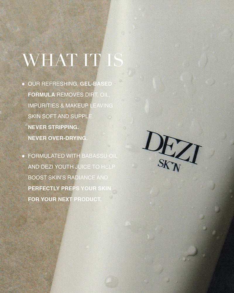 Image of cleanser tube laying on a surface. It has text explaining what the formula is.