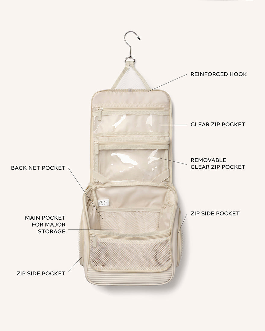 This is a diagram showing all the different pockets of the travel cosmetics bag.