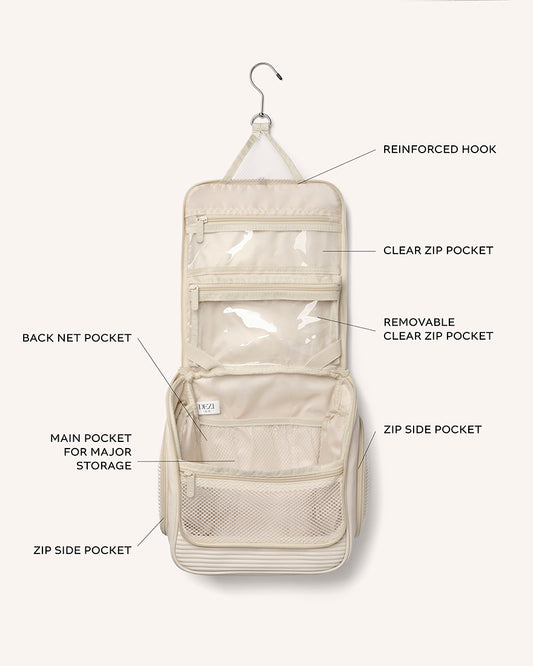 This is a diagram showing all the different pockets of the travel cosmetics bag.