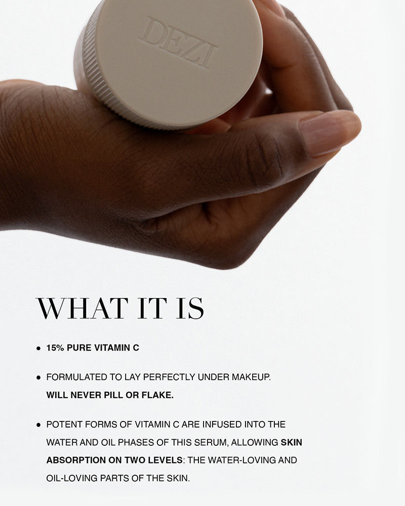Hand holding the vitamin C bottle with text explaining what the product is.
