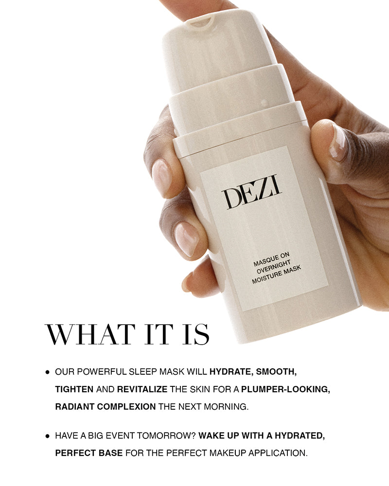 The overnight skincare mask bottle with text explaining what the mask is