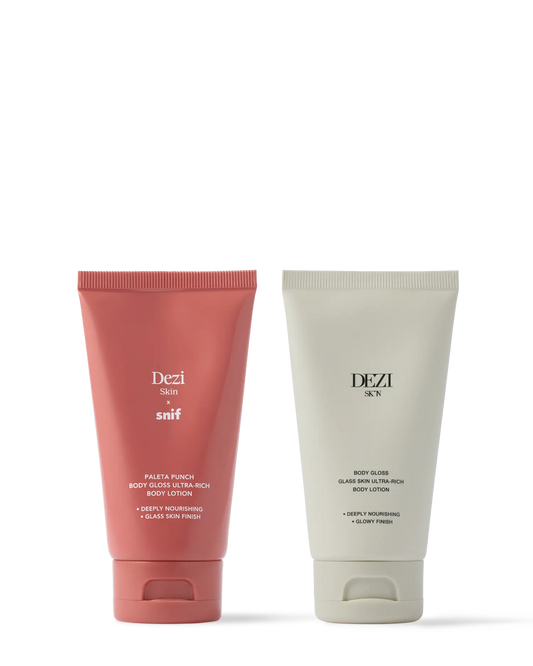  Body Gloss Travel Size Bundle: Body Gloss Ultra-Rich Body Lotion + Body Gloss DEZI SKIN x SNIF Body Lotion