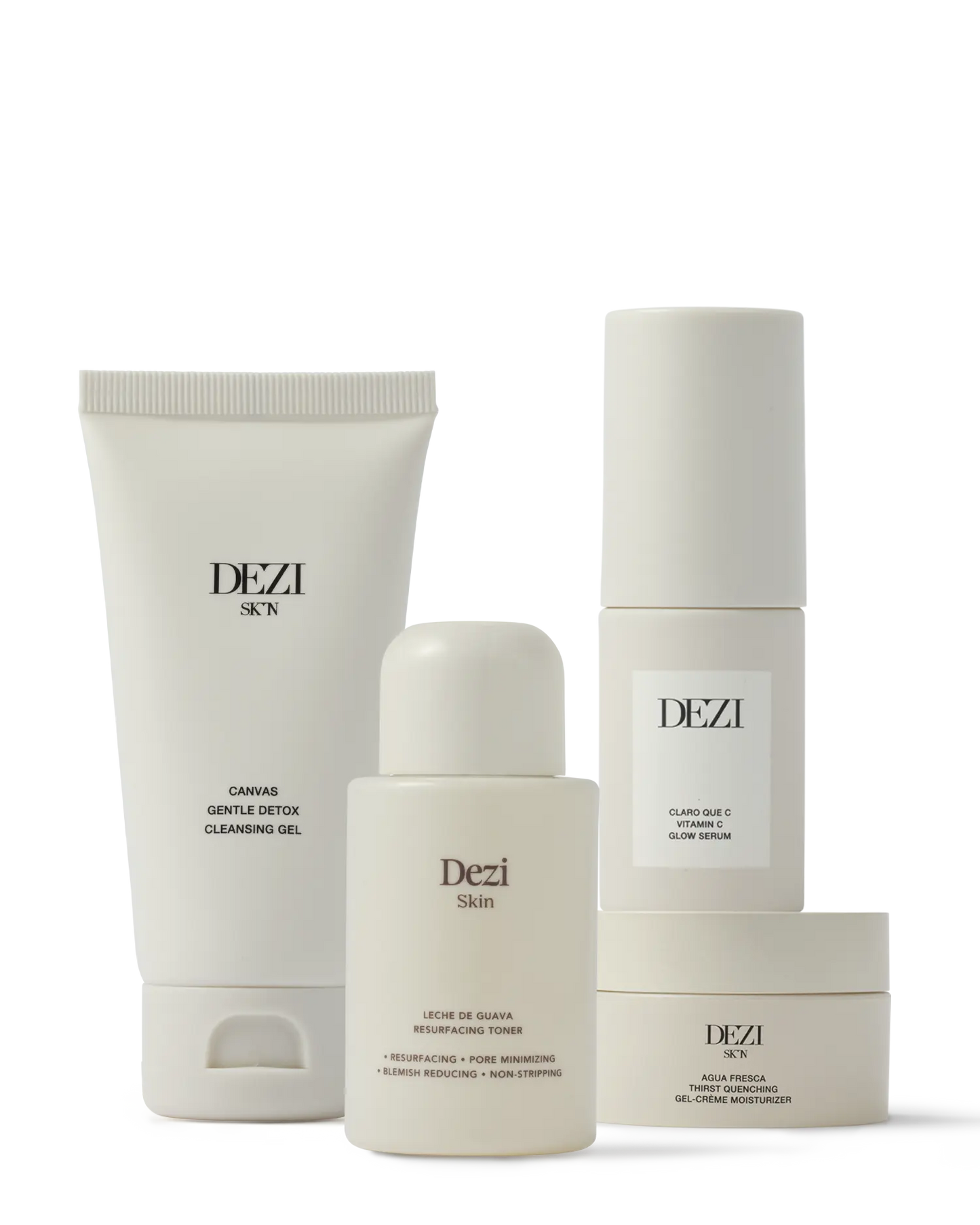 clear for takeoff: claro que c vitamin c glow serum + agua fresca gel-crème moisturizer + leche de guava toner + canvas gentle detox cleansing gel