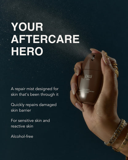 Model holding Dezi Skin Pore Choices Plant Based Mucin Repair Mist with Totarol