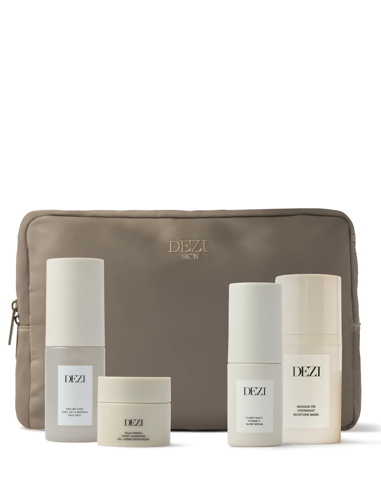 the whole enchilada: claro que c vitamin c glow serum + agua fresca gel-crème moisturizer + dew me over face mist + masque on overnight mask + cosmetic bag