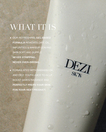 Image of cleanser tube laying on a surface. It has text explaining what the formula is. 