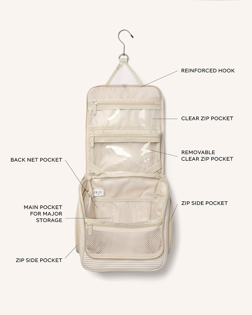 This is a diagram showing all the different pockets of the travel cosmetics bag. 