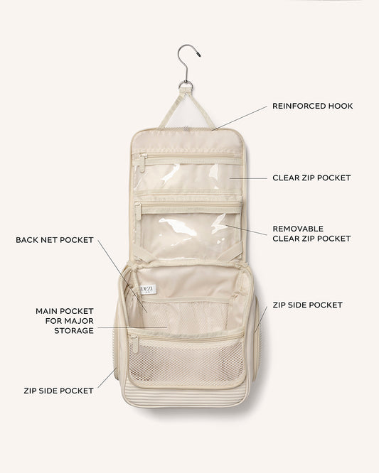 This is a diagram showing all the different pockets of the travel cosmetics bag. 