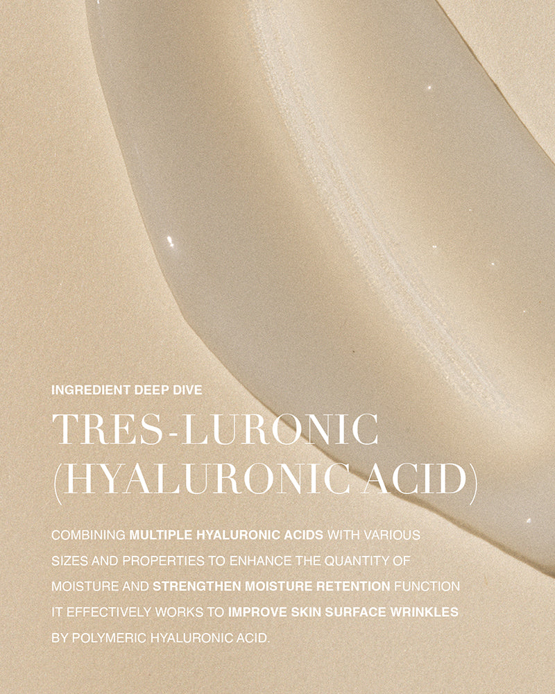 Image of the moisturizer formula with text on top talking about the hyaluronic acid that is in the formula. 