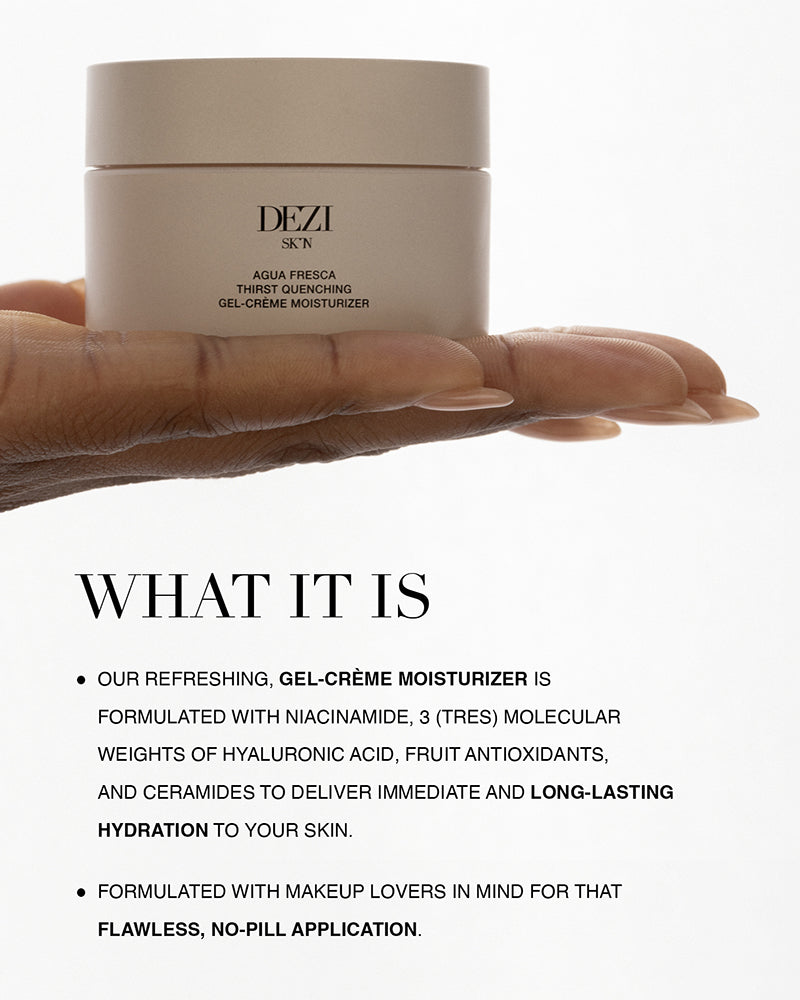 Hand holding the moisturizer jar with text explaining what the formula does. 