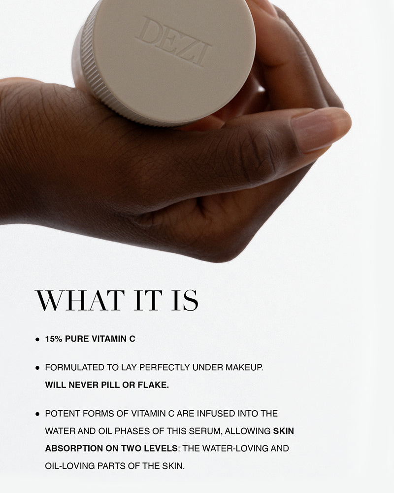 Hand holding the vitamin C bottle with text explaining what the product is. 